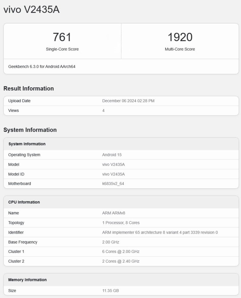 Vivo V2435A Smartphone Screenshot from Geekbench